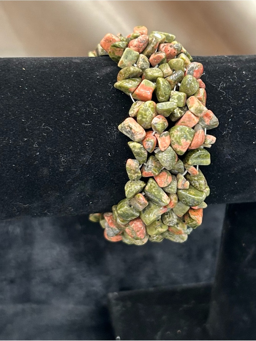 Unakite Bead Stretch Bracelet in Green and Pink Tones